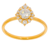 Elegant gold ring featuring a round central gemstone surrounded by smaller sparkling stones.